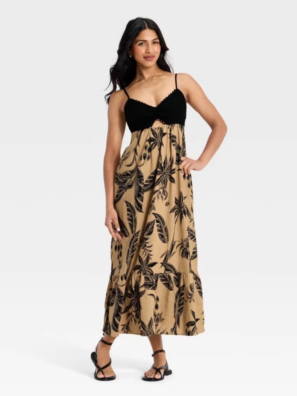 A New Day Tropical Print Black & Tan Maxi Dress Beaded Straps Pockets Cut Out